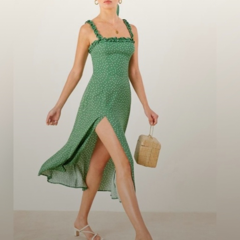 Reformation (petite) green polka dot slit dress